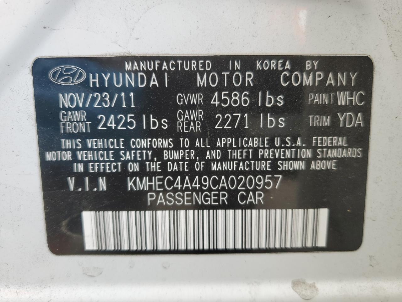 2012 Hyundai Sonata VIN KMHEC4A49CA020957 Copart auction photo, rear end damage thumbnail 13