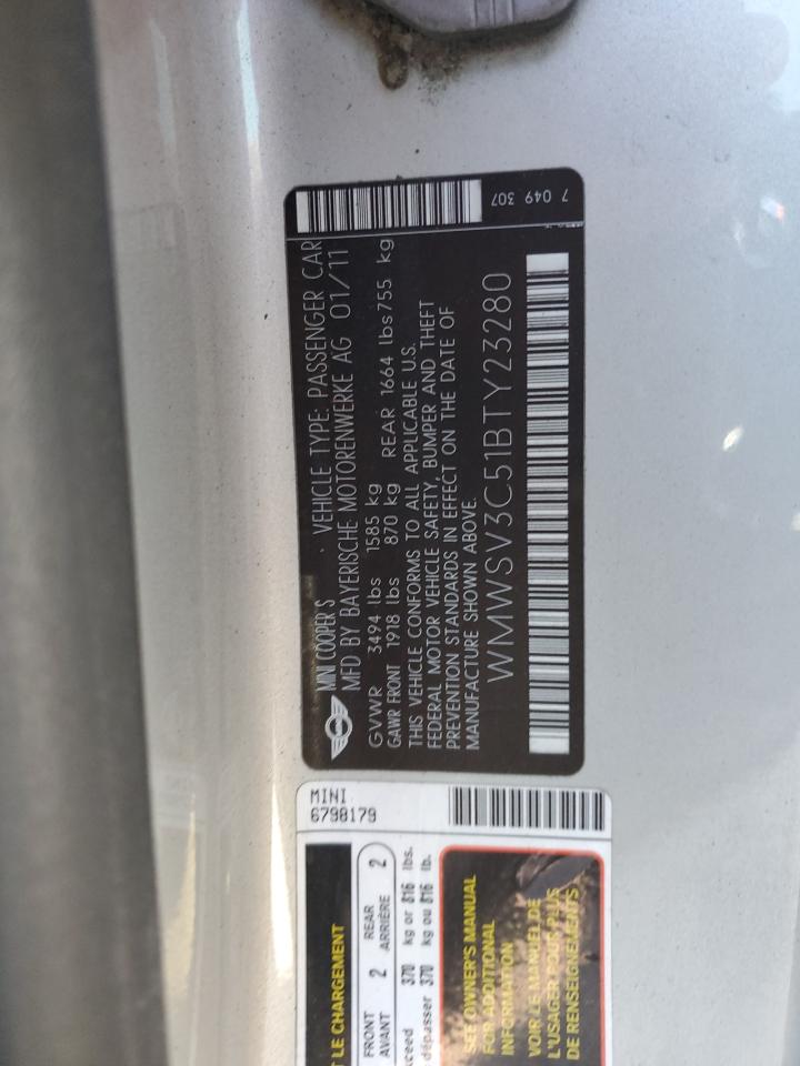 2011 MINI Cooper VIN WMWSV3C51BTY23280 Copart auction photo, front end damage thumbnail 12