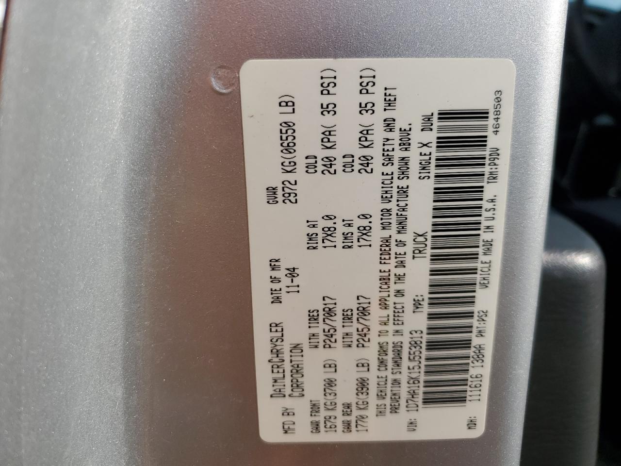 2005 Dodge RAM VIN 1D7HA16K15J553813 Copart auction photo, front end / side damage thumbnail 12