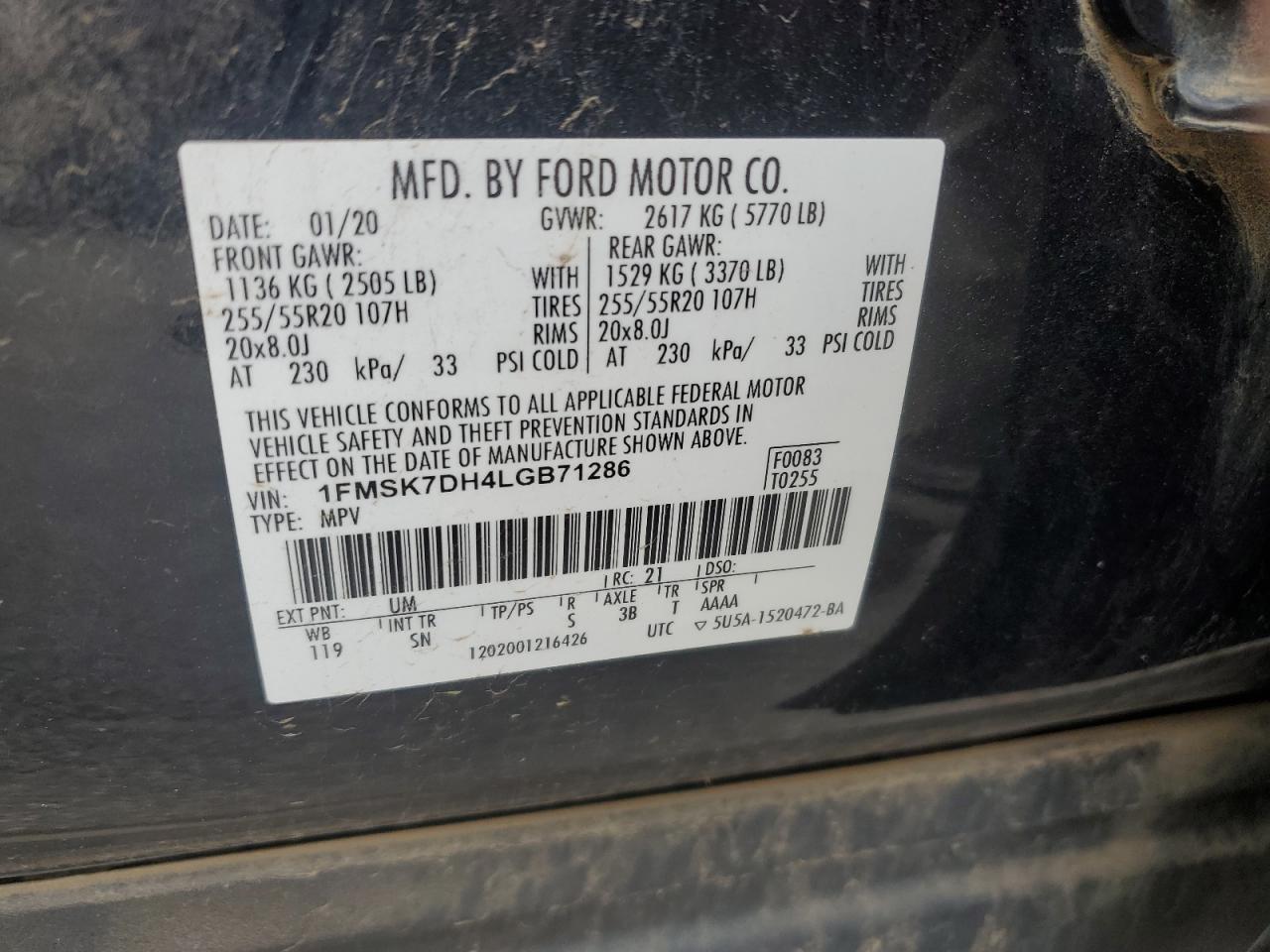 2020 Ford Explorer VIN 1FMSK7DH4LGB71286 Copart auction photo, side damage thumbnail 13