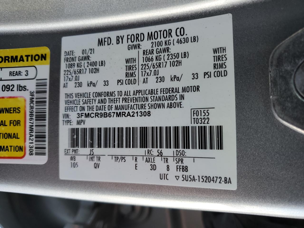 2021 Ford Bronco VIN 3FMCR9B67MRA21308 Copart auction photo, front end / side damage thumbnail 13