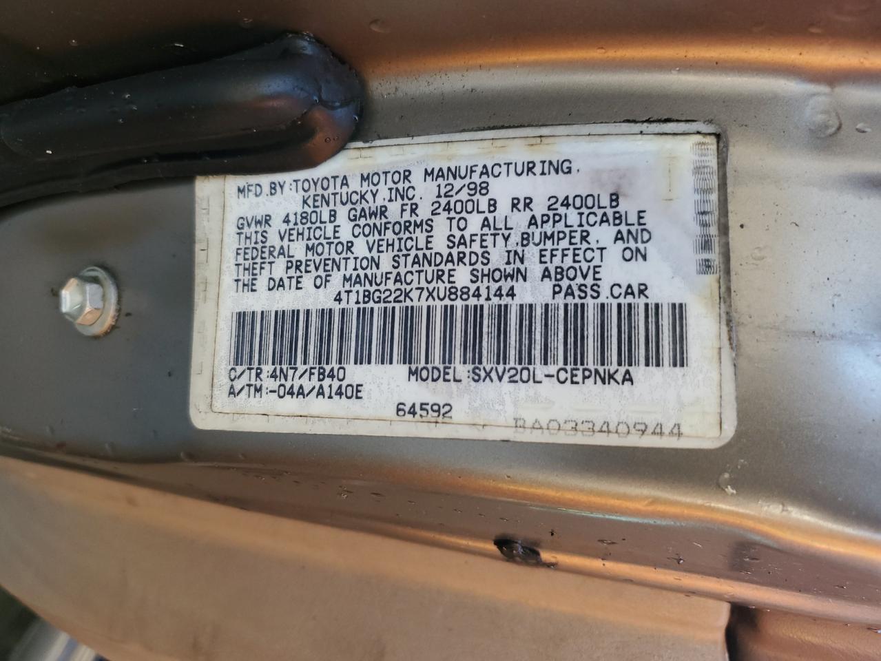 1999 Toyota Camry VIN 4T1BG22K7XU884144 Copart auction photo, front end damage thumbnail 13