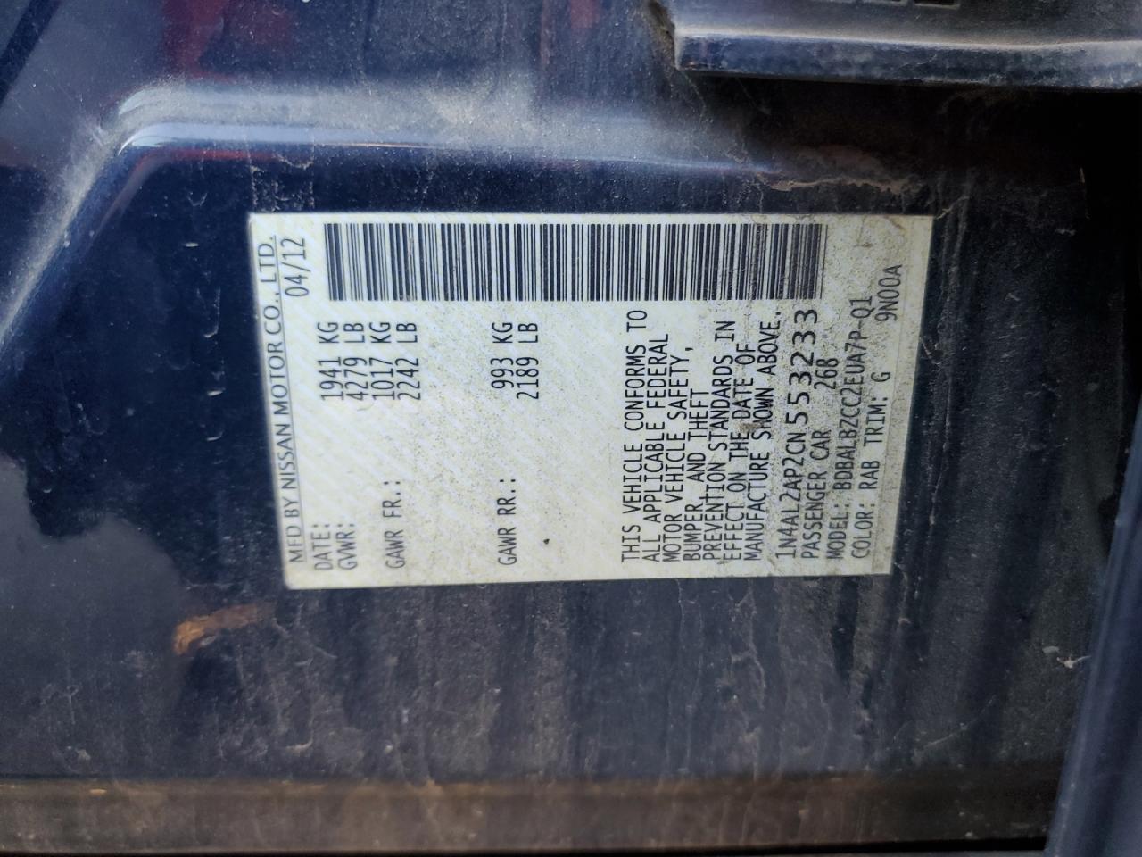 2012 Nissan Altima VIN 1N4AL2AP2CN553233 Copart auction photo, front end damage thumbnail 14