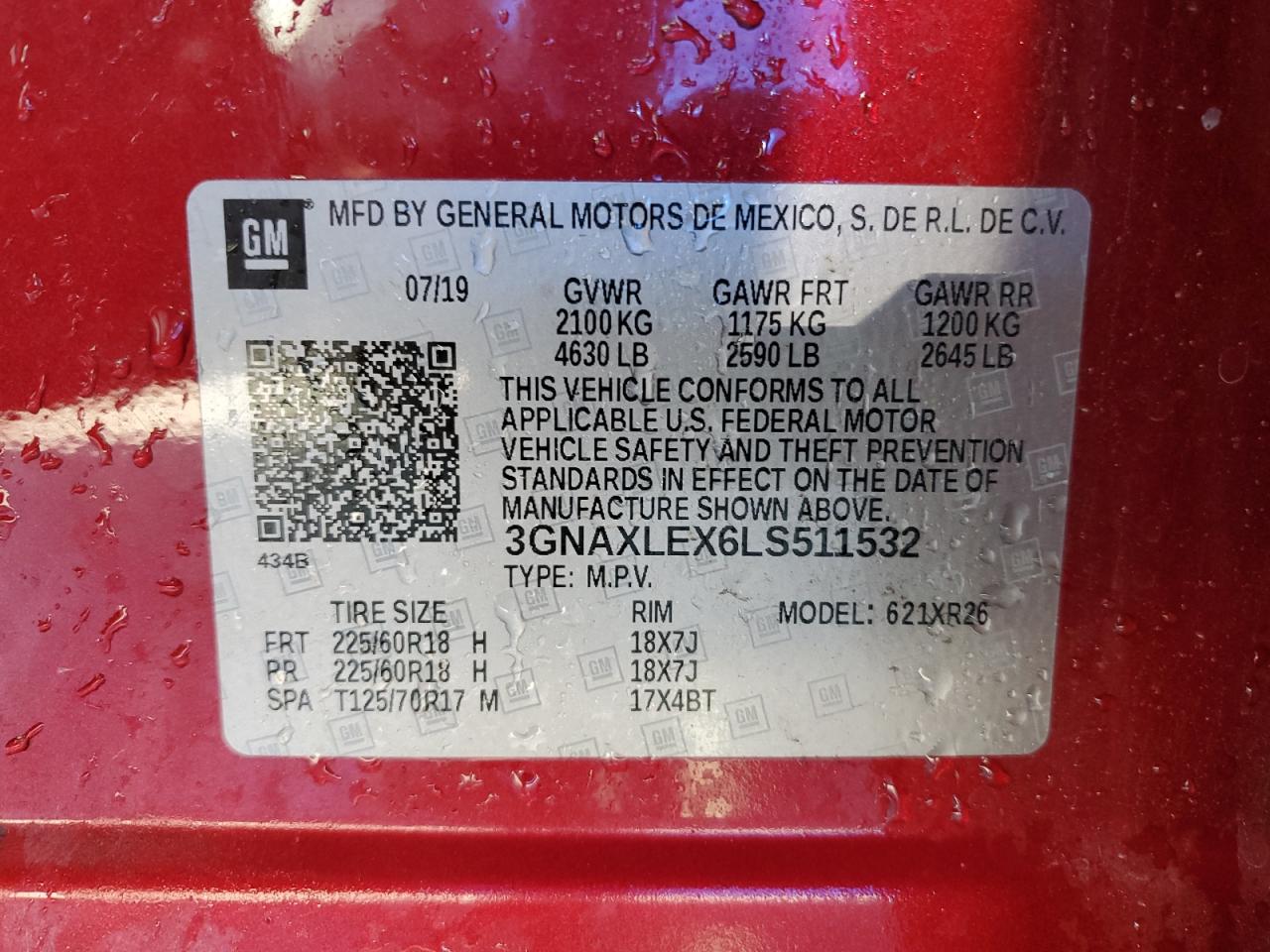 2020 Chevrolet Equinox VIN 3GNAXLEX6LS511532 Copart auction photo, front end / side damage thumbnail 13