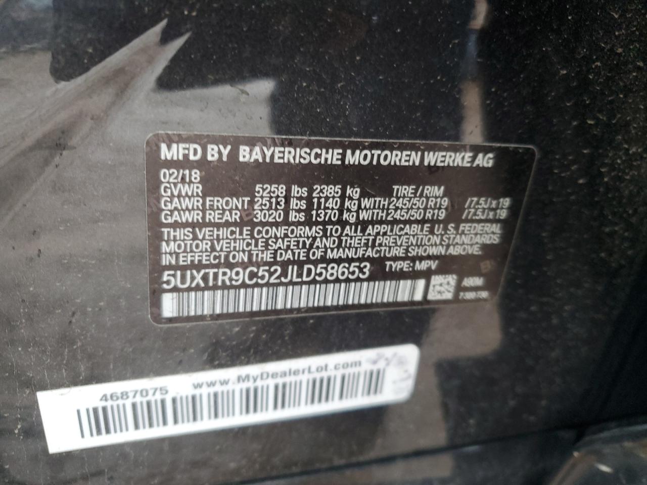 2018 BMW X3 VIN 5UXTR9C52JLD58653 Copart auction photo, front end / minor dent/scratches damage thumbnail 15