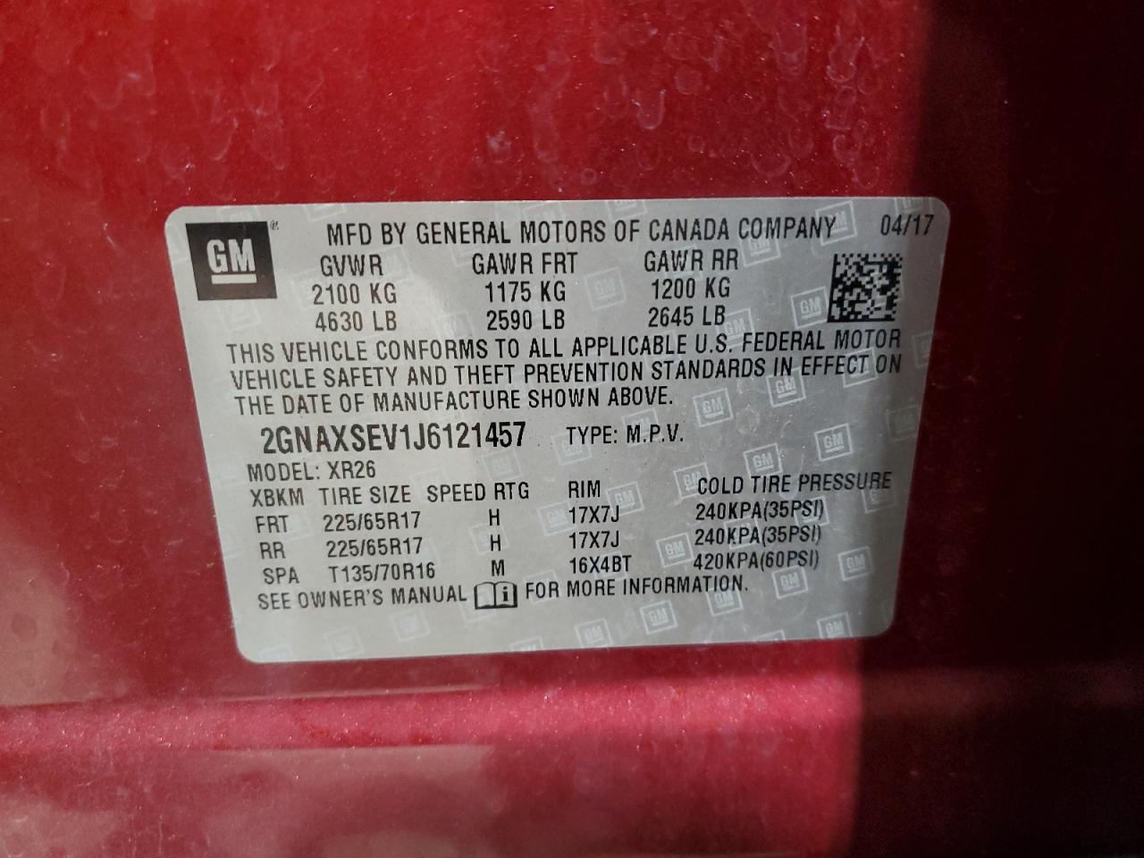 2018 Chevrolet Equinox VIN 2GNAXSEV1J6121457 Copart auction photo, front end damage thumbnail 13