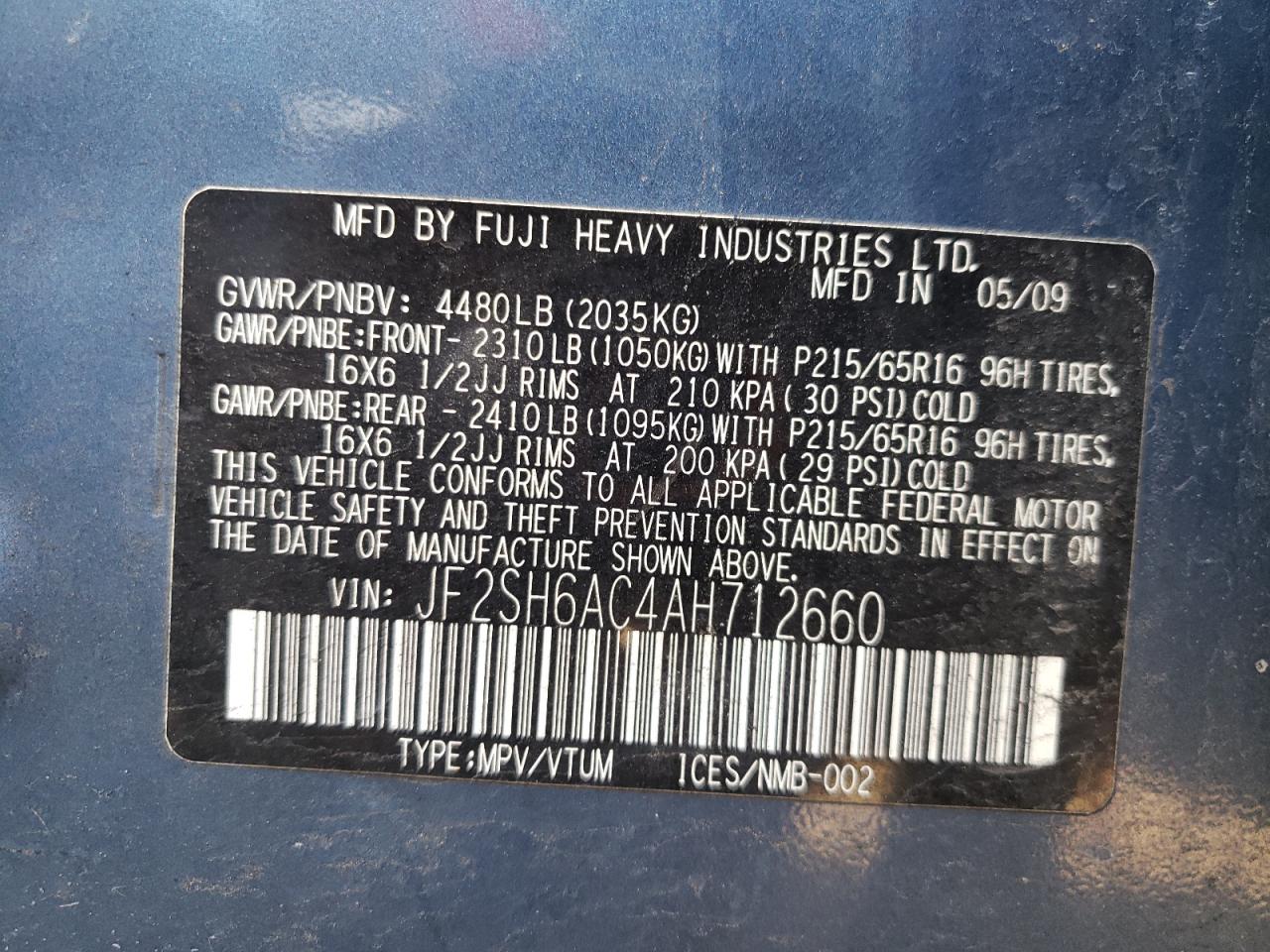 2010 Subaru Forester VIN JF2SH6AC4AH712660 Copart auction photo, front end / minor dent/scratches damage thumbnail 14