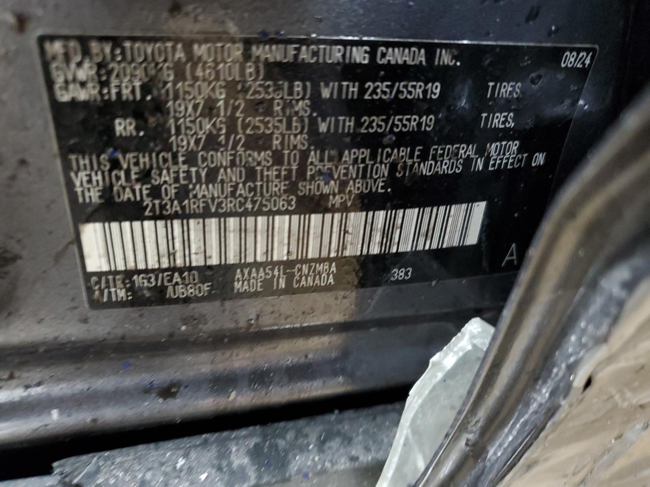 2024 Toyota RAV 4 VIN 2T3A1RFV3RC475063 Copart auction photo, side damage thumbnail 15