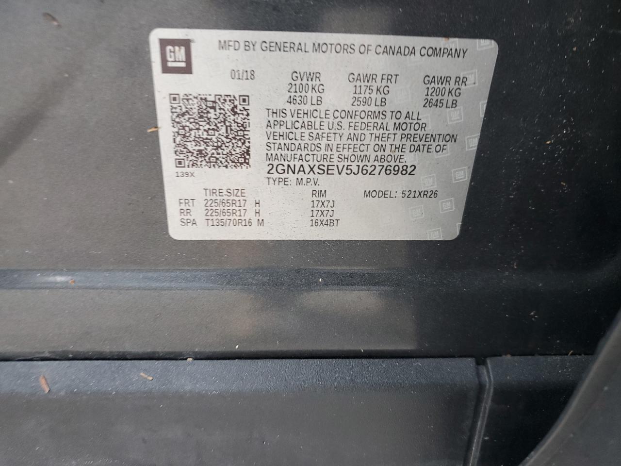 2018 Chevrolet Equinox VIN 2GNAXSEV5J6276982 Copart auction photo, water/flood damage thumbnail 14
