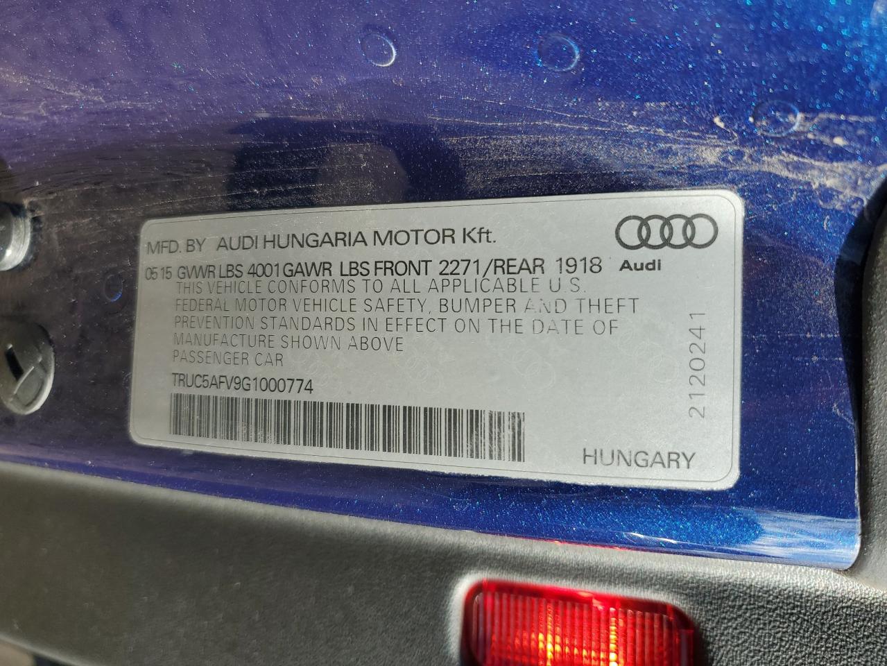 2016 Audi TT VIN TRUC5AFV9G1000774 Copart auction photo, all over damage thumbnail 12