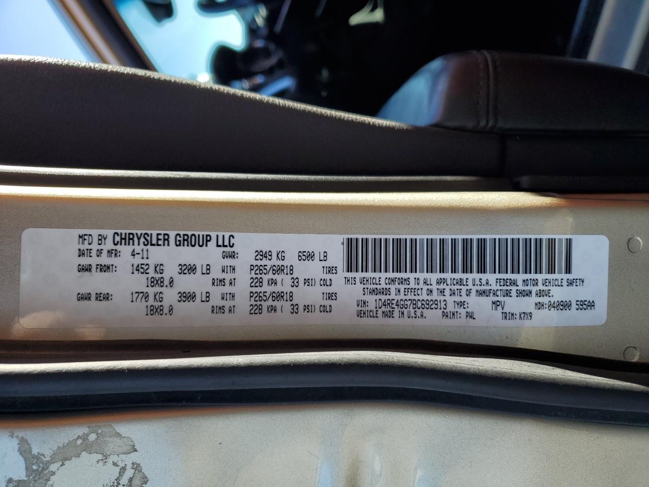 2011 Dodge Durango VIN 1D4RE4GG7BC692913 Copart auction photo, front end / rear end damage thumbnail 14