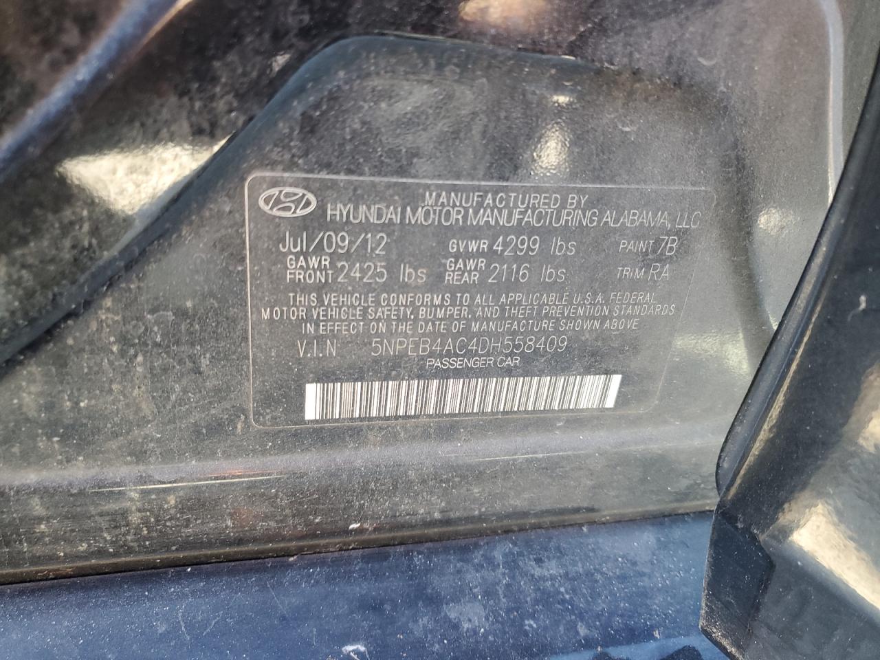 2013 Hyundai Sonata VIN 5NPEB4AC4DH558409 Copart auction photo, front end damage thumbnail 12