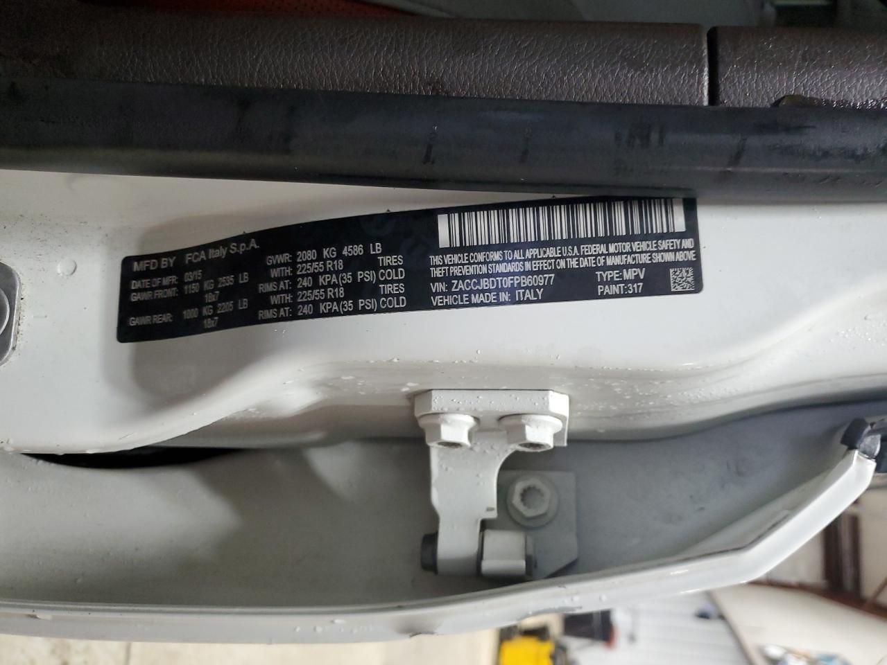 2015 Jeep Renegade VIN ZACCJBDT0FPB60977 Copart auction photo, front end / rear end damage thumbnail 13