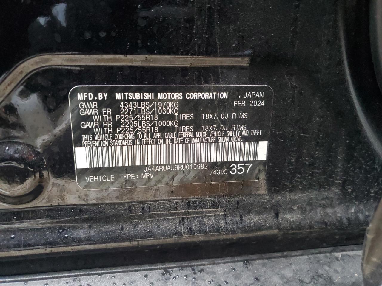 2024 Mitsubishi Outlander VIN JA4ARUAU9RU010982 Copart auction photo, front end damage thumbnail 12