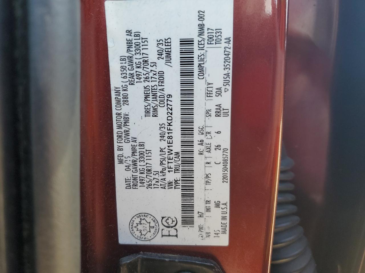 2015 Ford F-150 VIN 1FTEW1E81FKD22779 Copart auction photo, front end damage thumbnail 12