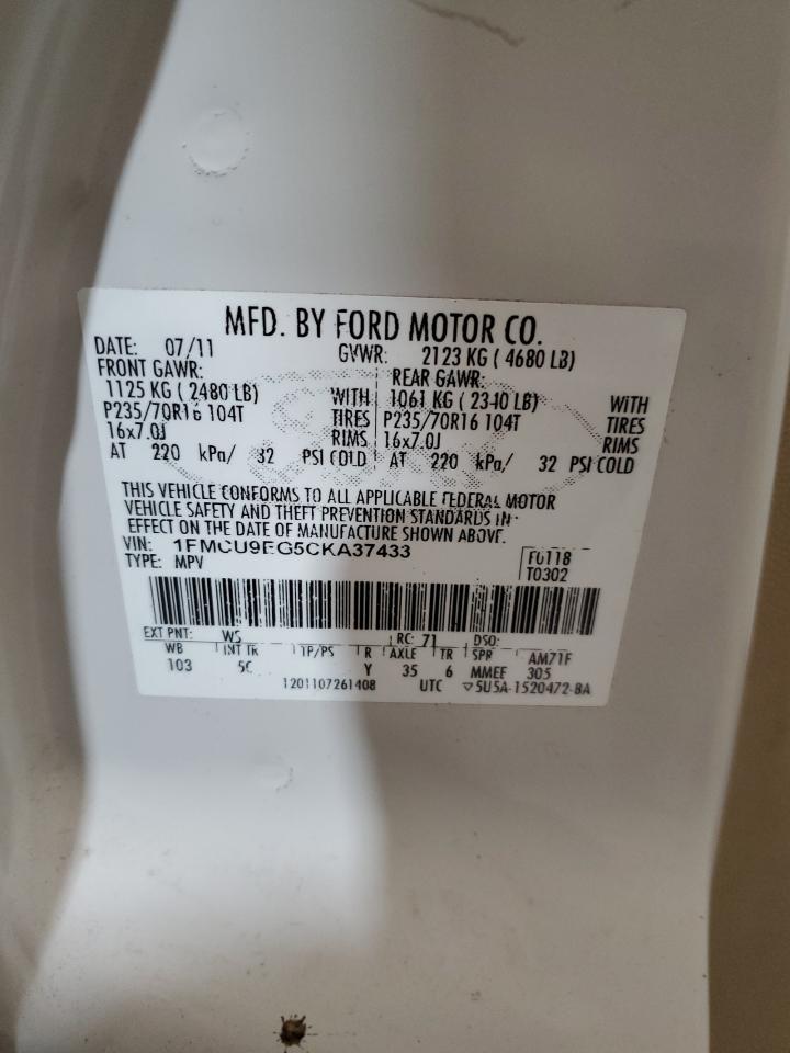 2012 Ford Escape VIN 1FMCU9EG5CKA37433 Copart auction photo, front end / rear end damage thumbnail 14
