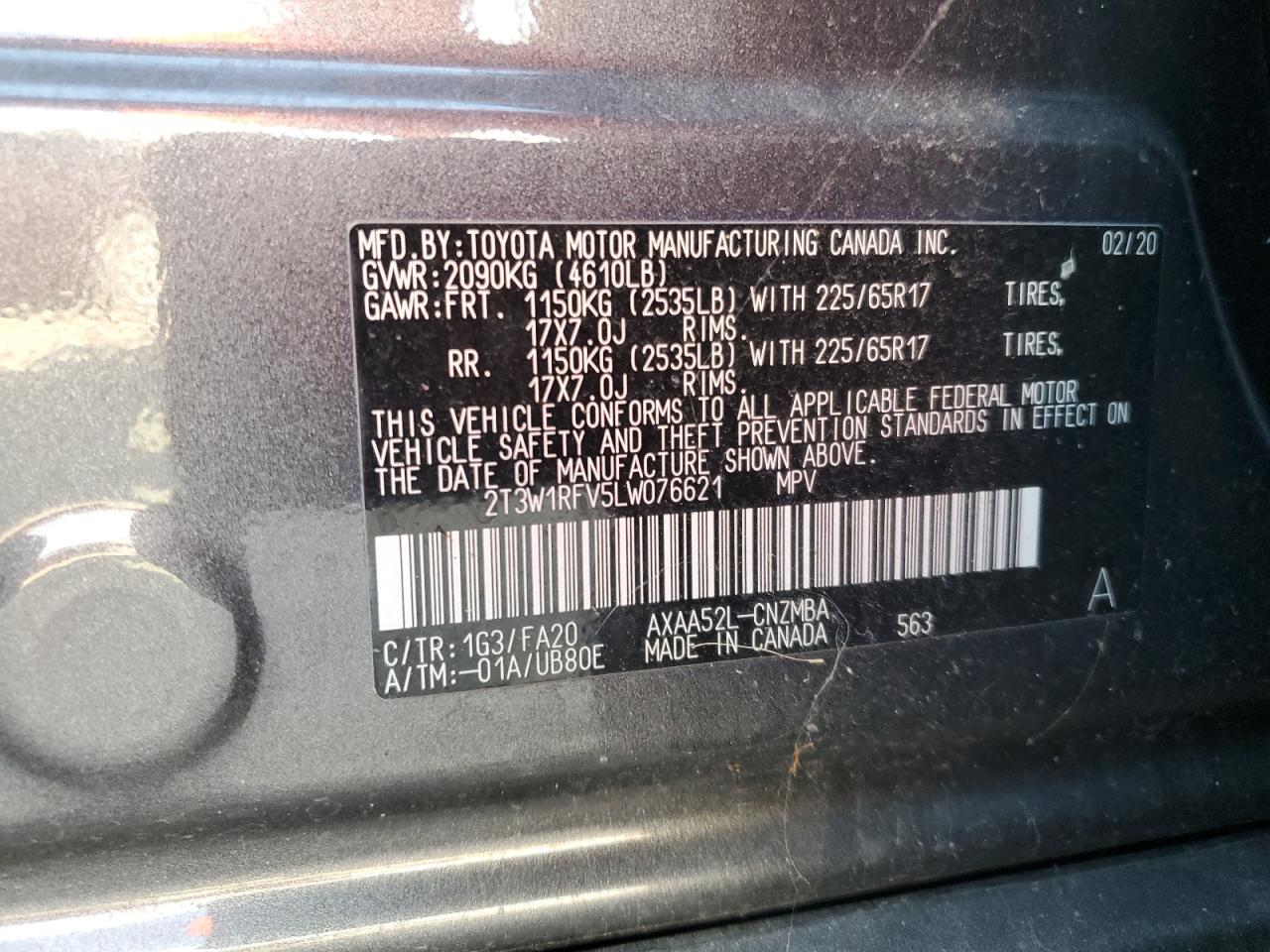 2020 Toyota RAV 4 VIN 2T3W1RFV5LW076621 Copart auction photo, front end damage thumbnail 15
