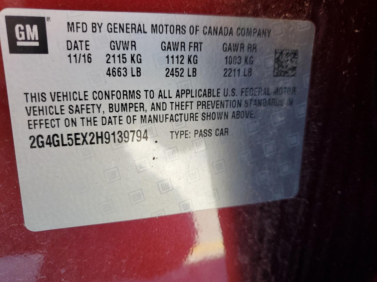 2017 Buick Regal VIN 2G4GL5EX2H9139794 Copart auction photo, front end / hail damage thumbnail 14