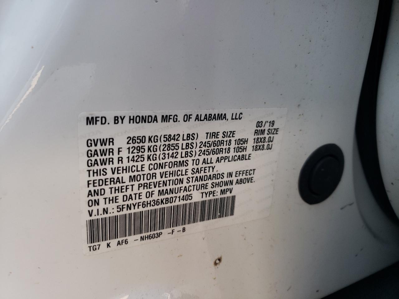 2019 Honda Pilot VIN 5FNYF6H36KB071405 Copart auction photo, side / undercarriage damage thumbnail 13