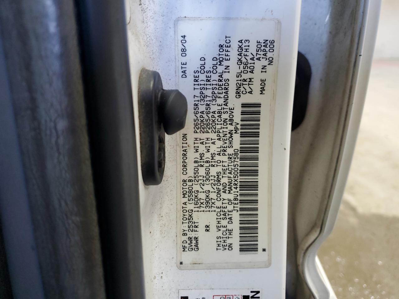 2005 Toyota 4Runner VIN JTEBU14RX50057580 Copart auction photo, front end / rear end damage thumbnail 13