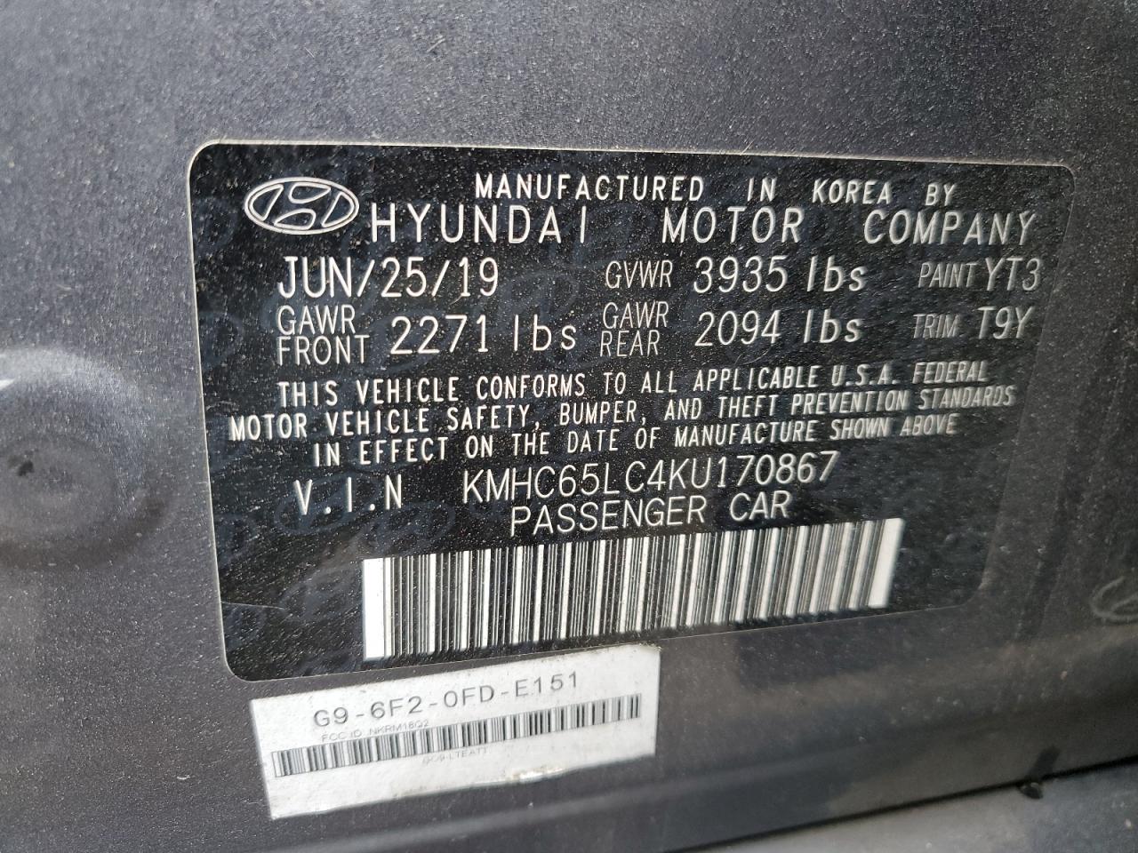 2019 Hyundai IONIQ VIN KMHC65LC4KU170867 Copart auction photo, front end / side damage thumbnail 12