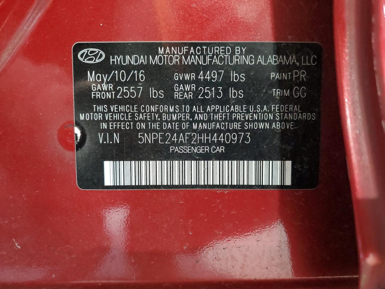 2017 Hyundai Sonata VIN 5NPE24AF2HH440973 Copart auction photo, front end / rear end damage thumbnail 12