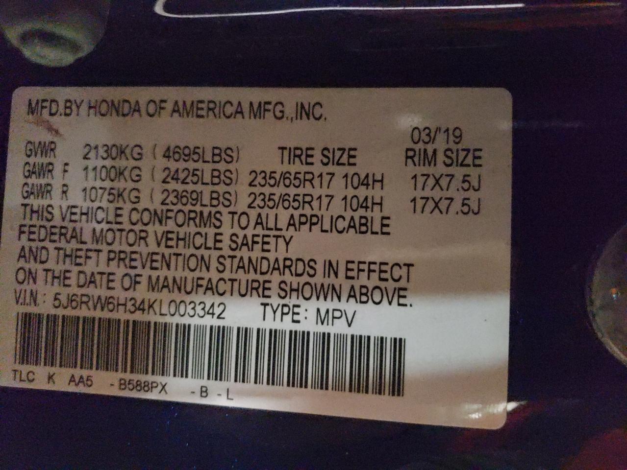 2019 Honda CR-V VIN 5J6RW6H34KL003342 Copart auction photo, all over / side damage thumbnail 13