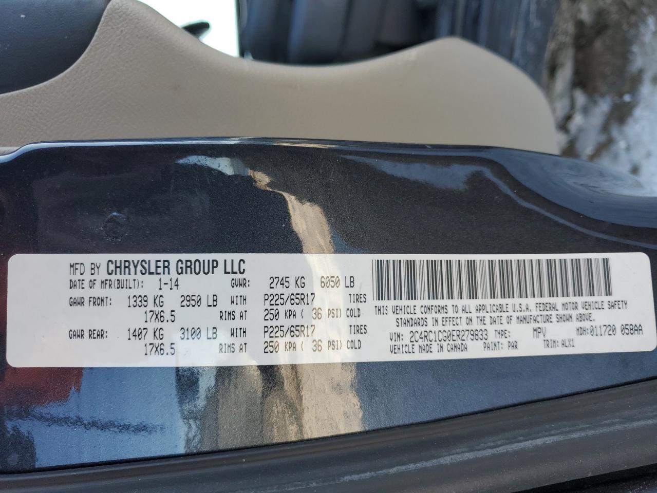 2014 Chrysler Town & Country VIN 2C4RC1CG0ER279833 Copart auction photo, rear end / minor dent/scratches damage thumbnail 15