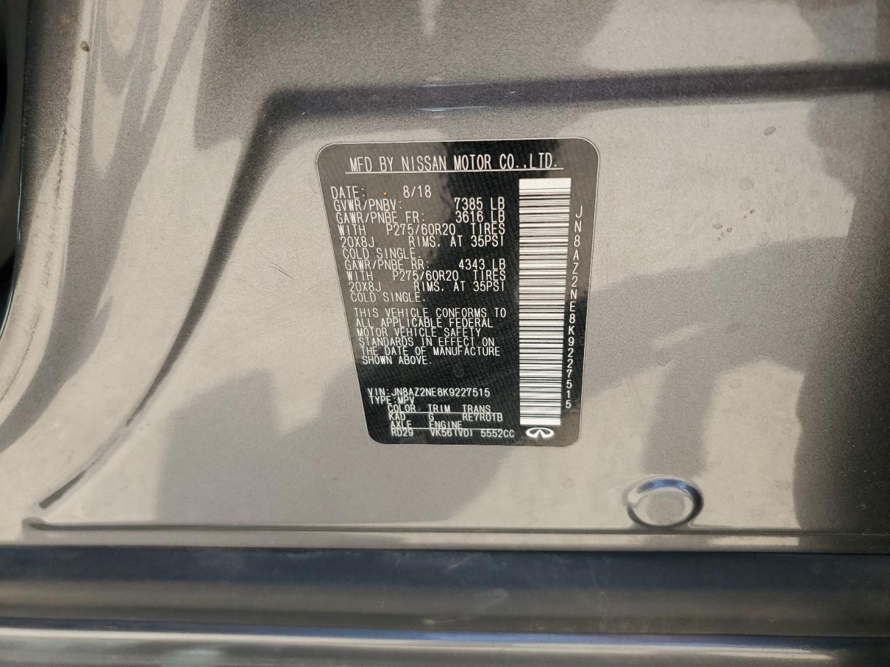 2019 Infiniti QX80 VIN JN8AZ2NE8K9227515 Copart auction photo, all over damage thumbnail 13