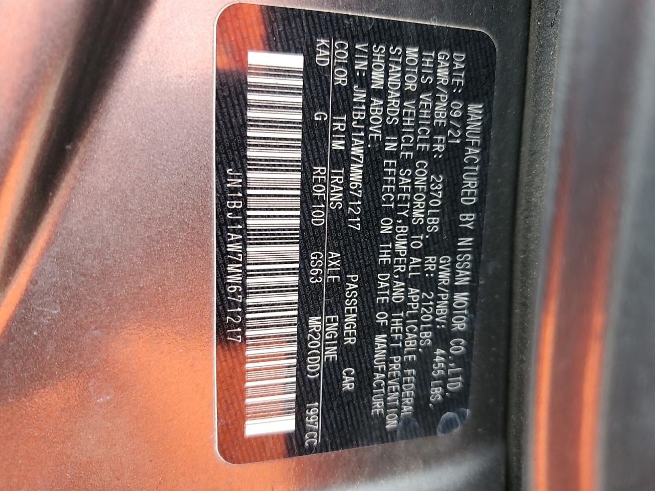 2021 Nissan Rogue VIN JN1BJ1AW7MW671217 Copart auction photo, rear end / side damage thumbnail 13