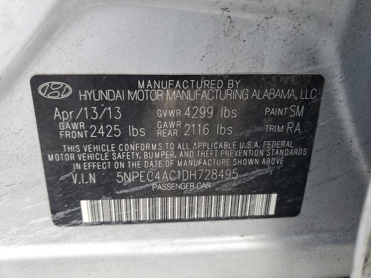 2013 Hyundai Sonata VIN 5NPEC4AC1DH728495 Copart auction photo, front end damage thumbnail 12
