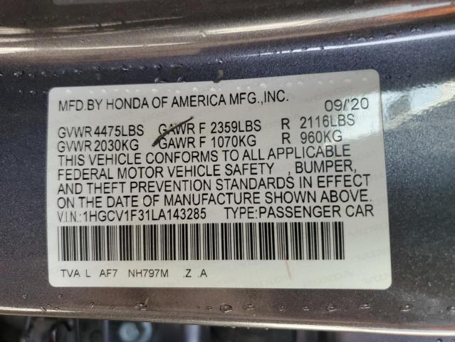 2020 Honda Accord VIN 1HGCV1F31LA143285 Copart auction photo, side / front end damage thumbnail 13