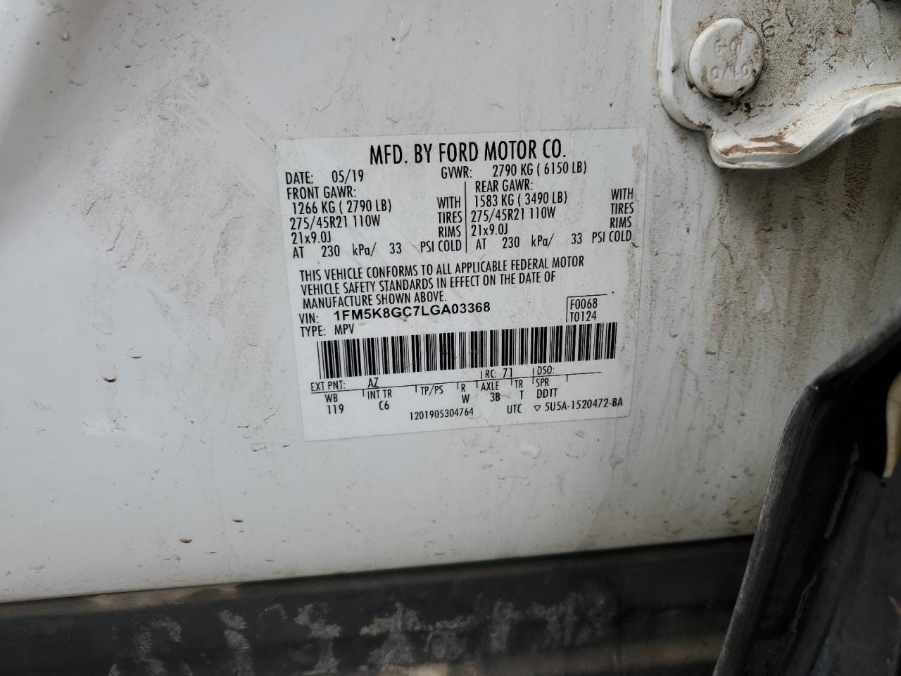 2020 Ford Explorer VIN 1FM5K8GC7LGA03368 Copart auction photo, front end damage thumbnail 14