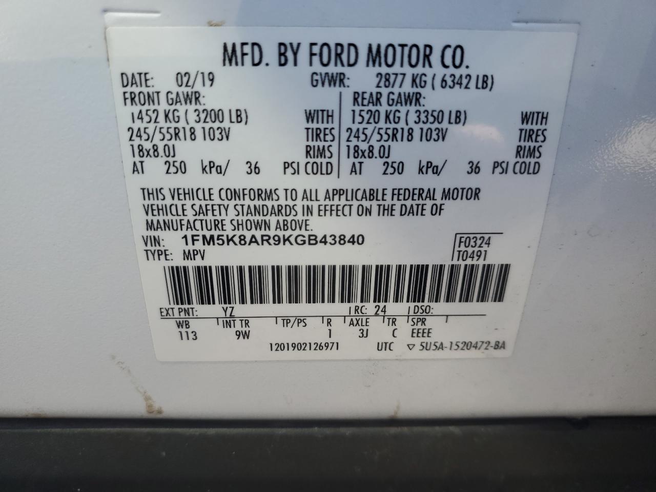 2019 Ford Explorer VIN 1FM5K8AR9KGB43840 Copart auction photo, front end / minor dent/scratches damage thumbnail 13