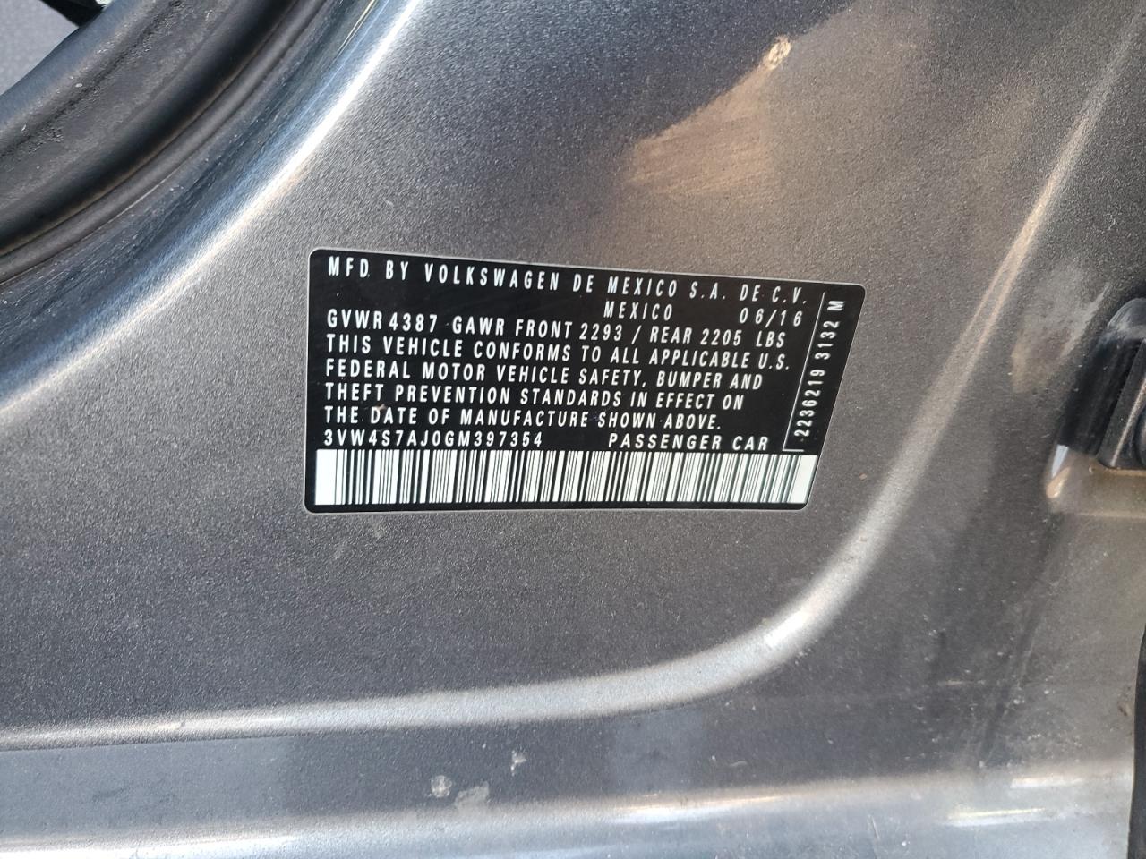 2016 Volkswagen Jetta VIN 3VW4S7AJ0GM397354 Copart auction photo, front end / side damage thumbnail 14
