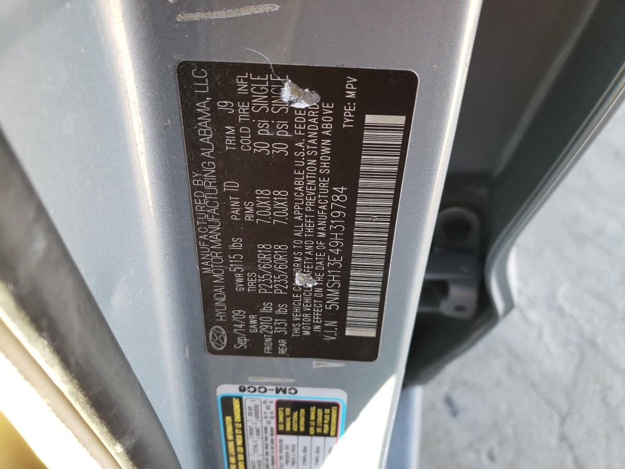2009 Hyundai Santa Fe VIN 5NMSH13E49H319784 Copart auction photo, front end damage thumbnail 15