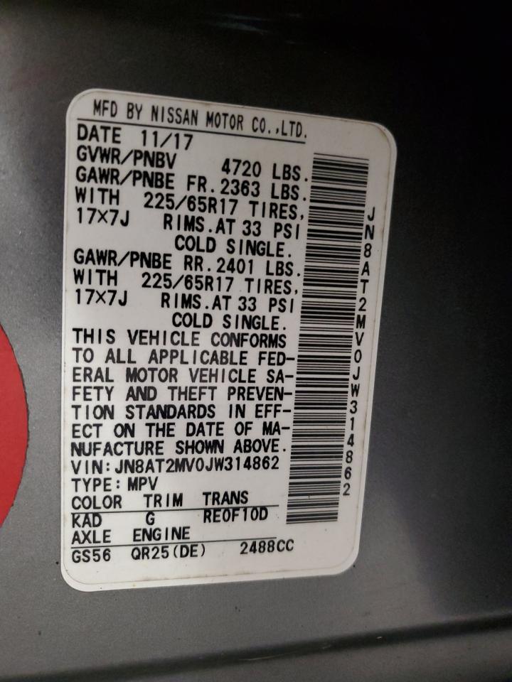 2018 Nissan Rogue VIN JN8AT2MV0JW314862 Copart auction photo, front end / side damage thumbnail 14