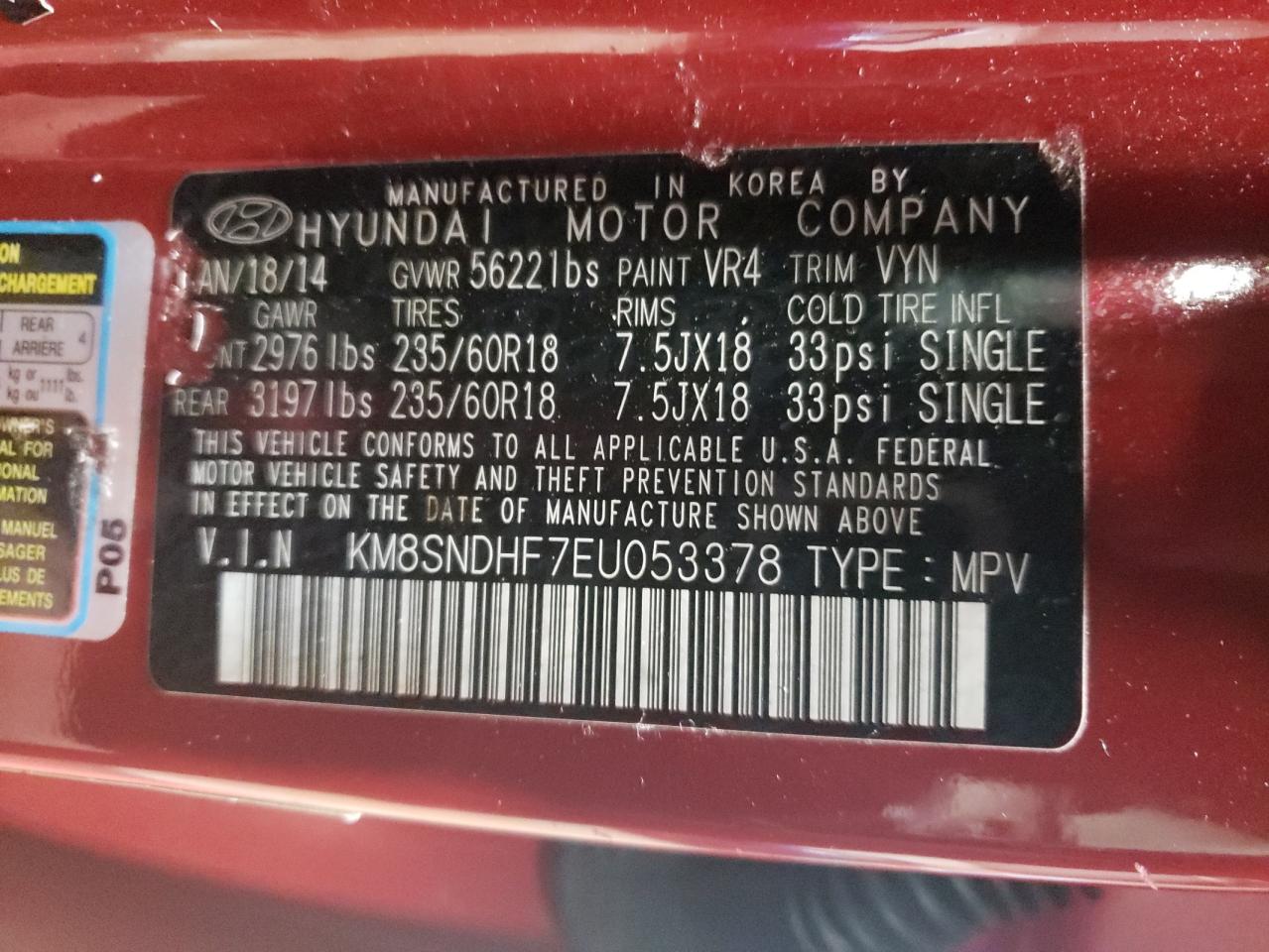 2014 Hyundai Santa Fe VIN KM8SNDHF7EU053378 Copart auction photo, mechanical damage thumbnail 13