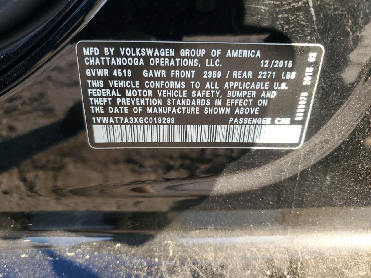 2016 Volkswagen Passat VIN 1VWAT7A3XGC019299 Copart auction photo, front end / minor dent/scratches damage thumbnail 12