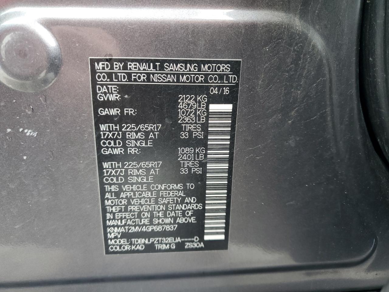 2016 Nissan Rogue VIN KNMAT2MV4GP687837 Copart auction photo, front end damage thumbnail 13