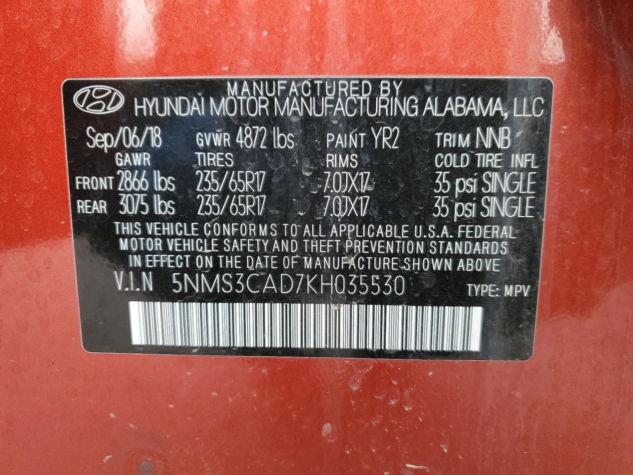 2019 Hyundai Santa Fe VIN 5NMS3CAD7KH035530 Copart auction photo, front end / side damage thumbnail 14