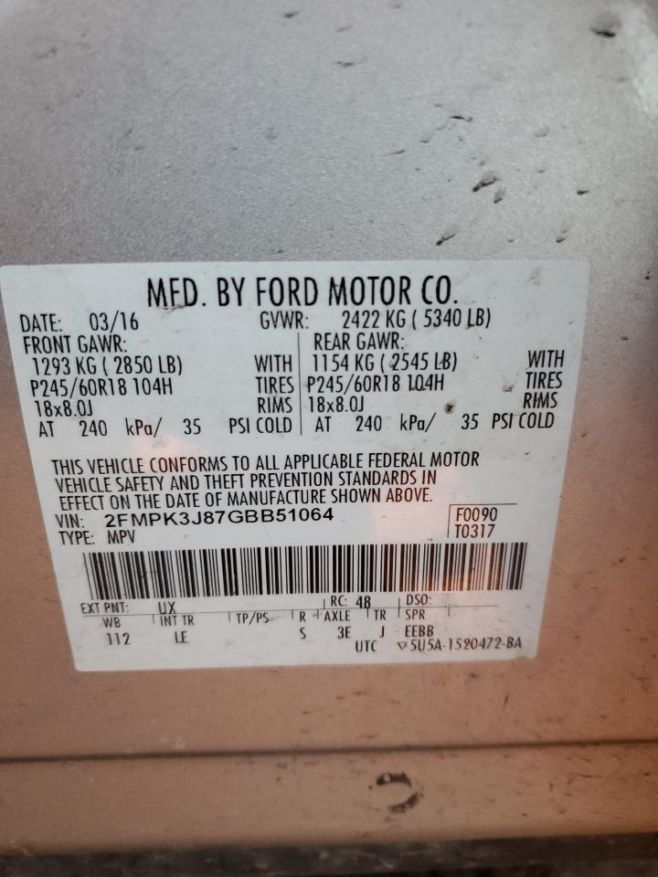 2016 Ford Edge VIN 2FMPK3J87GBB51064 Copart auction photo, front end / minor dent/scratches damage thumbnail 15