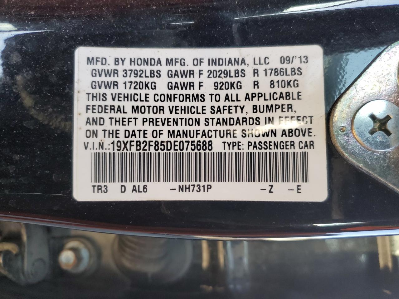 2013 Honda Civic VIN 19XFB2F85DE075688 Copart auction photo, all over damage thumbnail 15