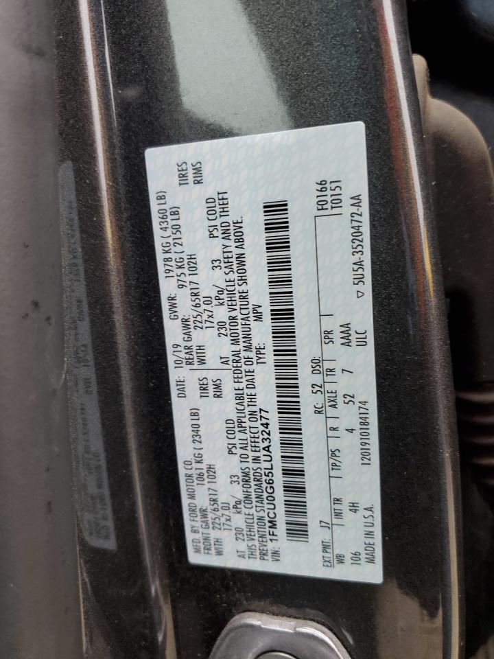 2020 Ford Escape VIN 1FMCU0G65LUA32477 Copart auction photo, hail / minor dent/scratches damage thumbnail 13