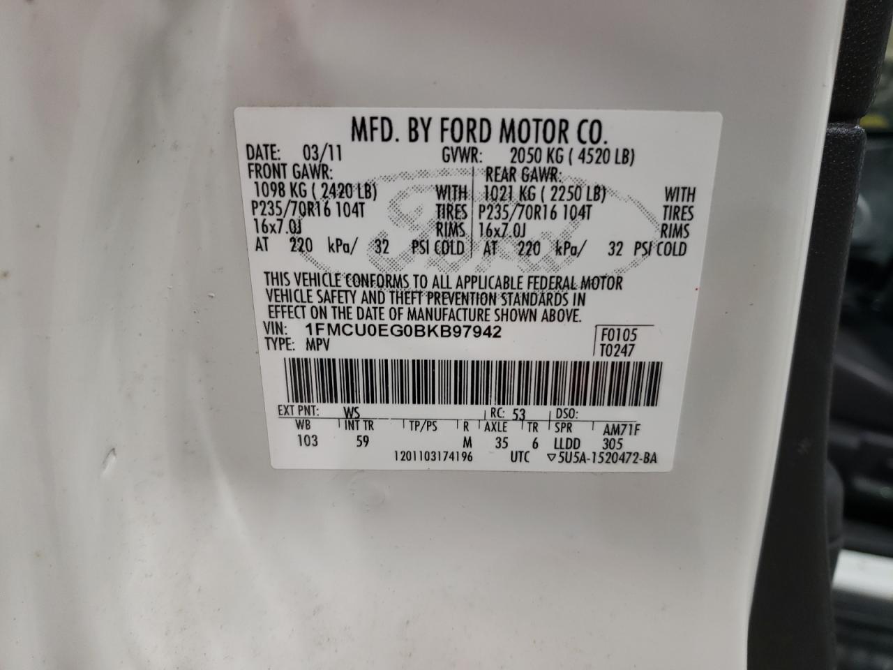 2011 Ford Escape VIN 1FMCU0EG0BKB97942 Copart auction photo, front end / minor dent/scratches damage thumbnail 16