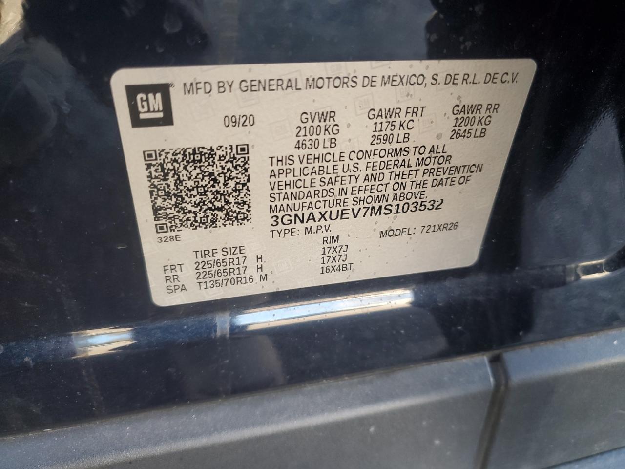 2021 Chevrolet Equinox VIN 3GNAXUEV7MS103532 Copart auction photo, rollover / front end damage thumbnail 13