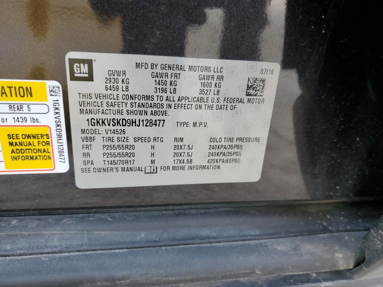 2017 GMC Acadia VIN 1GKKVSKD9HJ128477 Copart auction photo, front end damage thumbnail 14