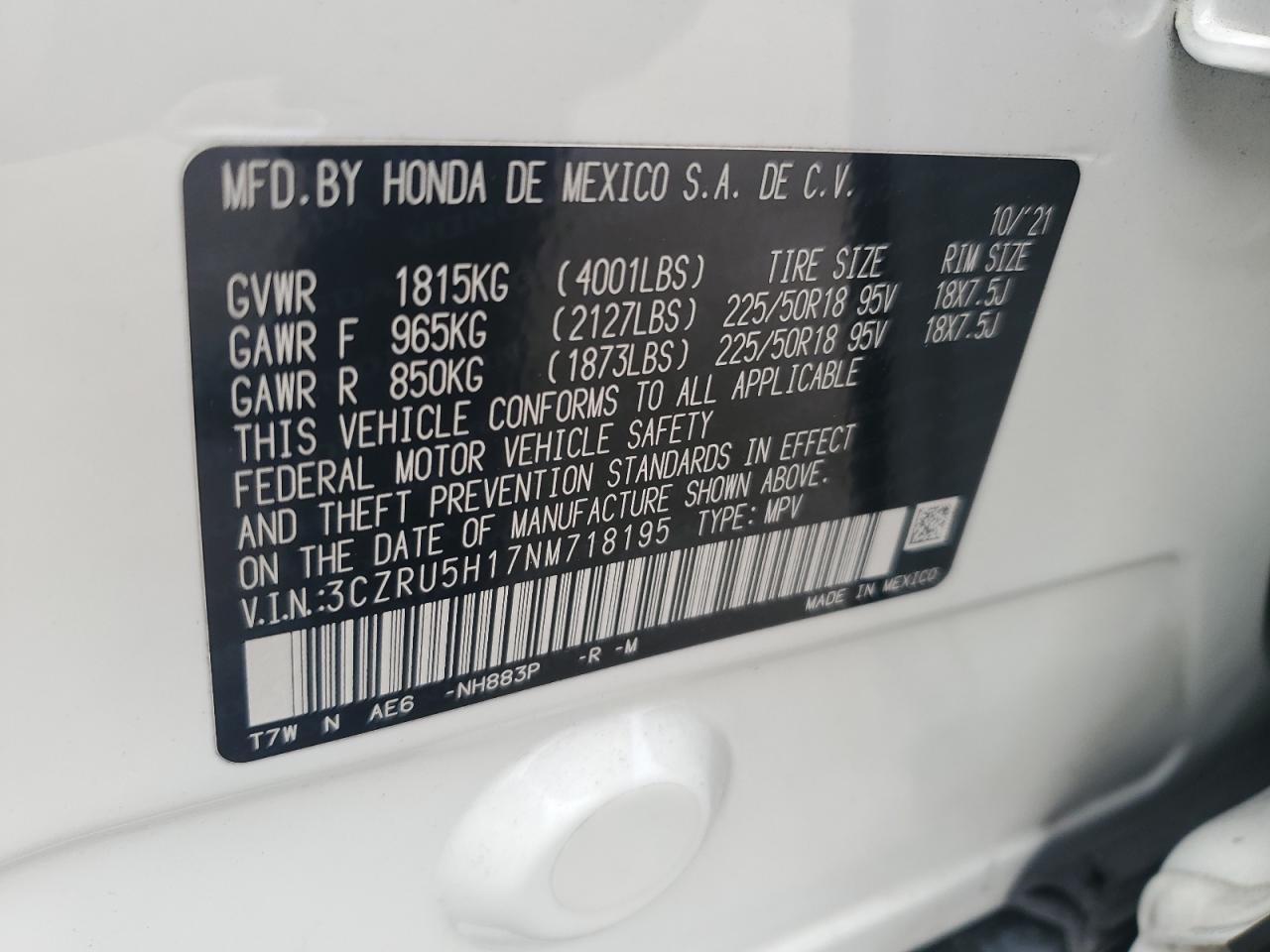 2022 Honda HR-V VIN 3CZRU5H17NM718195 Copart auction photo, front end damage thumbnail 13