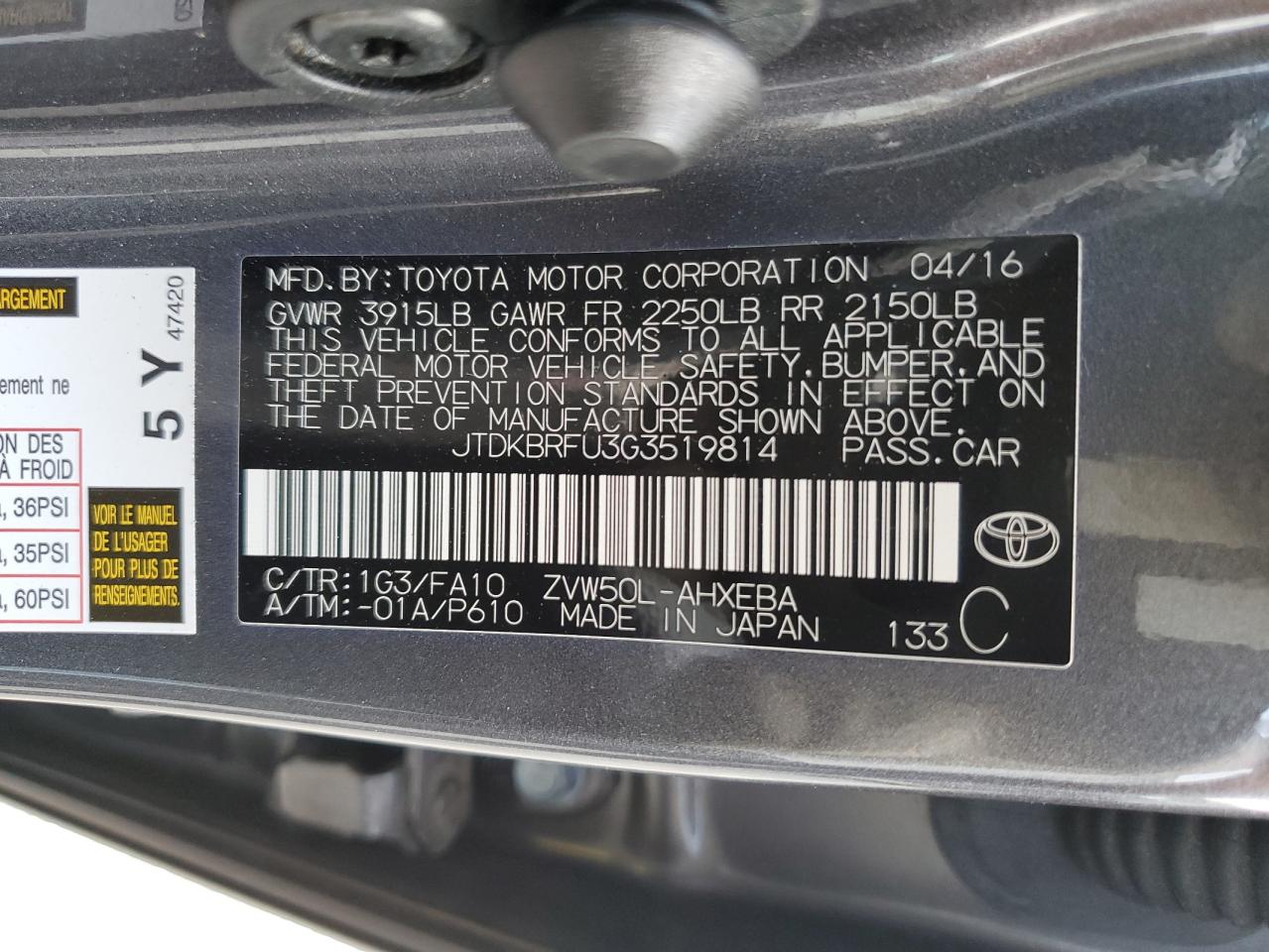 2016 Toyota Prius VIN JTDKBRFU3G3519814 Copart auction photo, side / front end damage thumbnail 12
