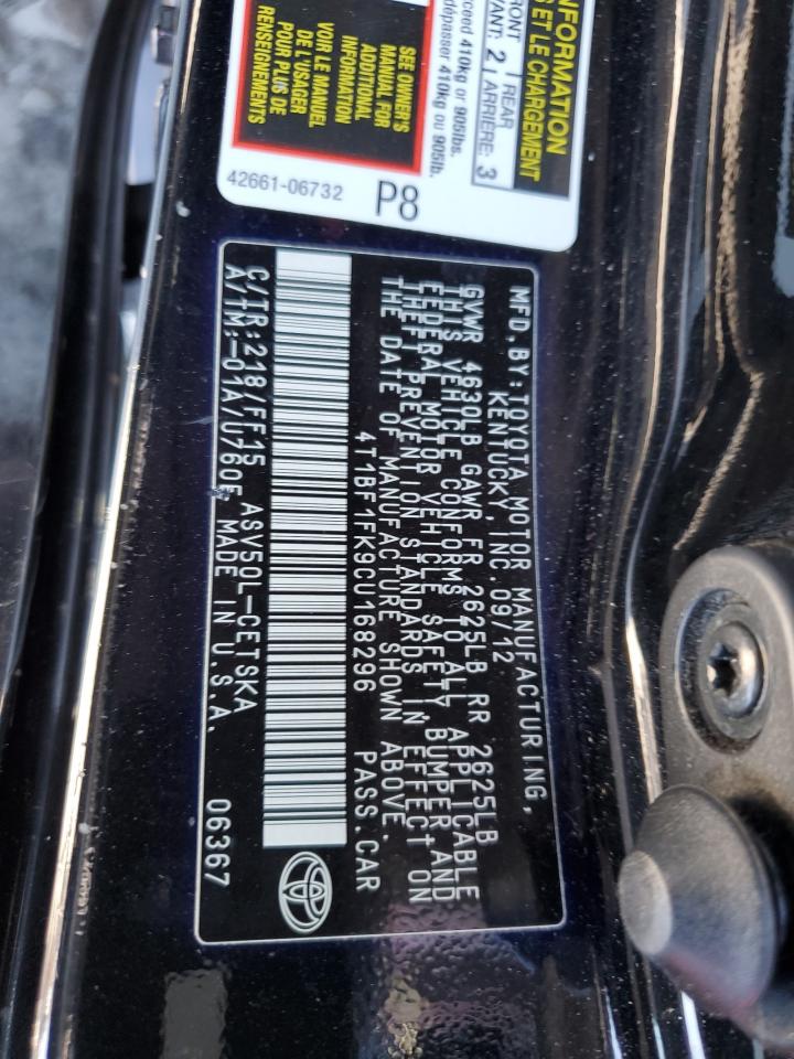 2012 Toyota Camry VIN 4T1BF1FK9CU168296 Copart auction photo, front end / side damage thumbnail 13